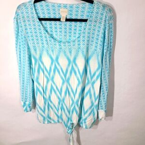 Chico's Women's Size 3/ Large‎ L Blue White Top Shirt with Tie Soft Stretchy